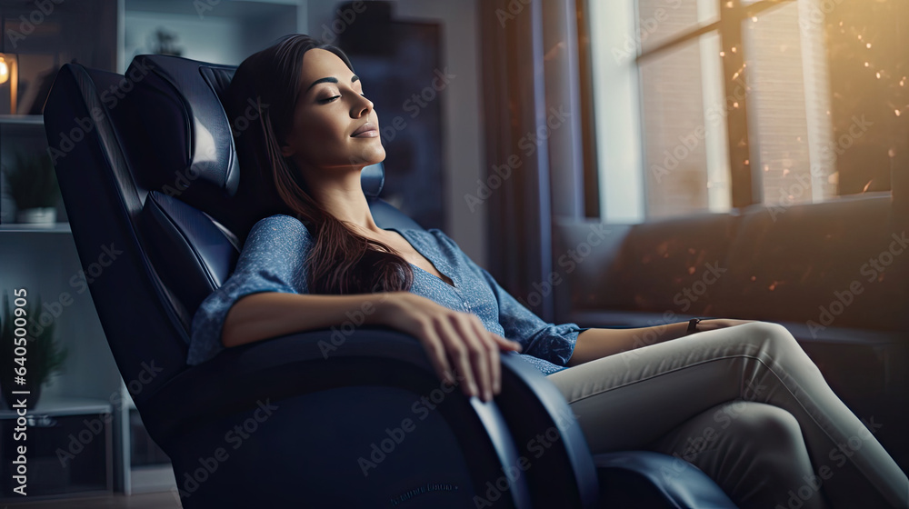 A woman relaxing on the massage chair in the living room. electric massage chair. Generative Ai