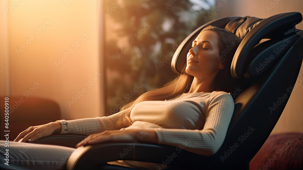 A woman relaxing on the massage chair in the living room. electric massage chair. Generative Ai