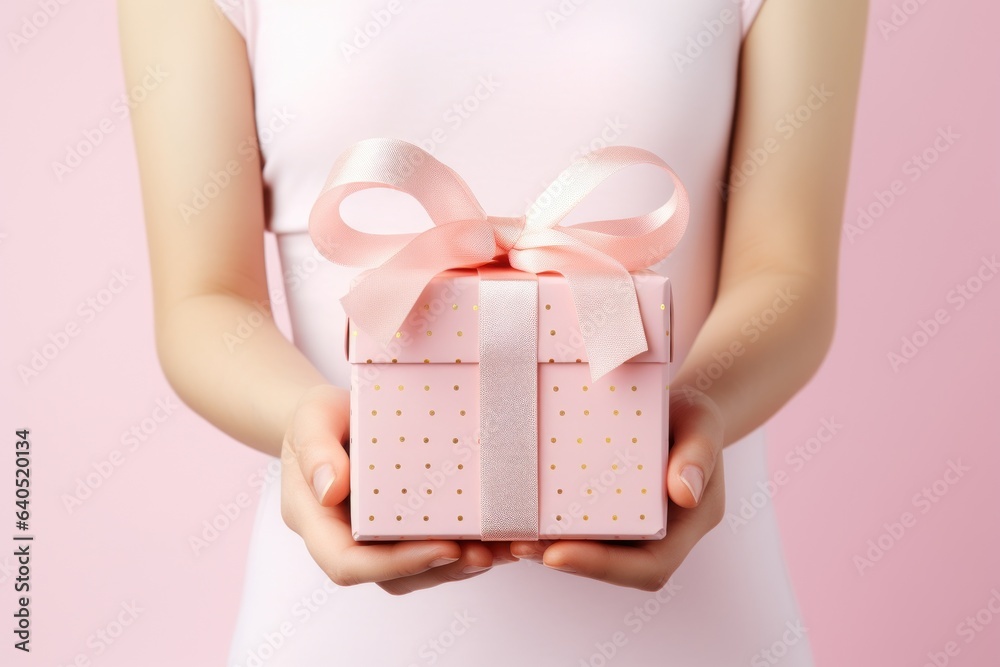 Womans hands holding gift or present box decorated confetti. Composition for birthday or wedding or 