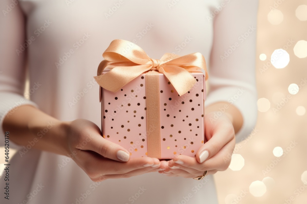 Womans hands holding gift or present box decorated confetti. Composition for birthday or wedding or 