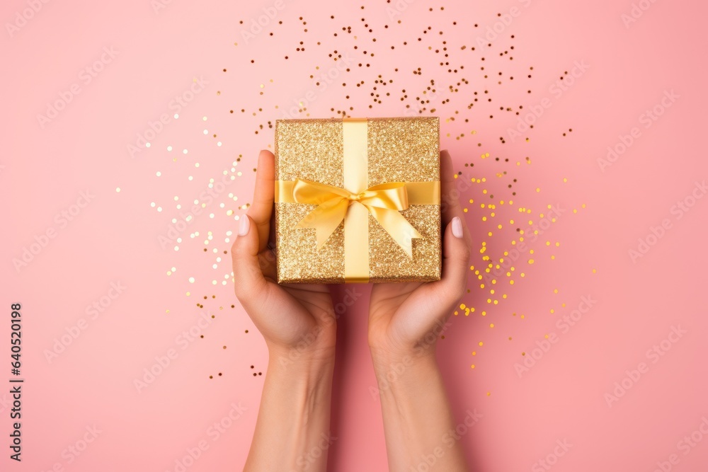 Womans hands holding gift or present box decorated confetti on pink pastel table top view. Compositi