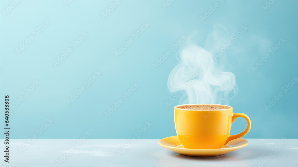 Yellow hot cup of coffee with smoke on pastel blue background, copy space