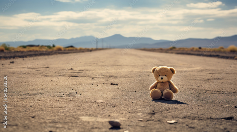 Deserted road with a single lying toy bear