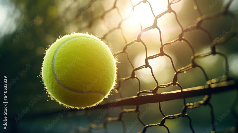 Close up of a tennis ball on a net, a tennis court