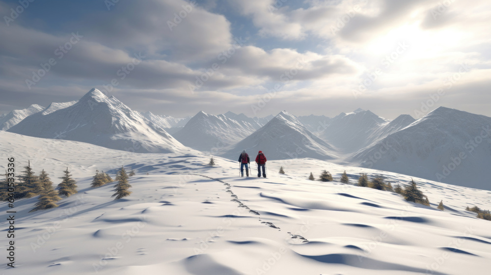 Mountain landscape with snow-covered peaks. Three tourists walking along the valley