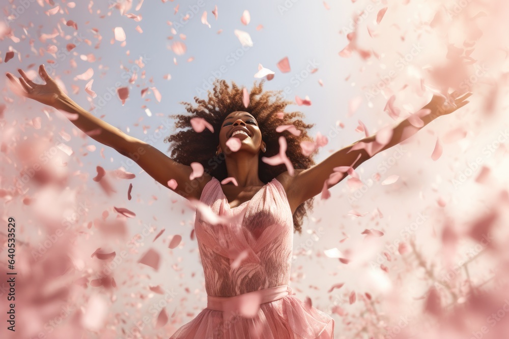 Fun party girl, smiling woman throwing confetti on a pastel pink background. Composition for birthda