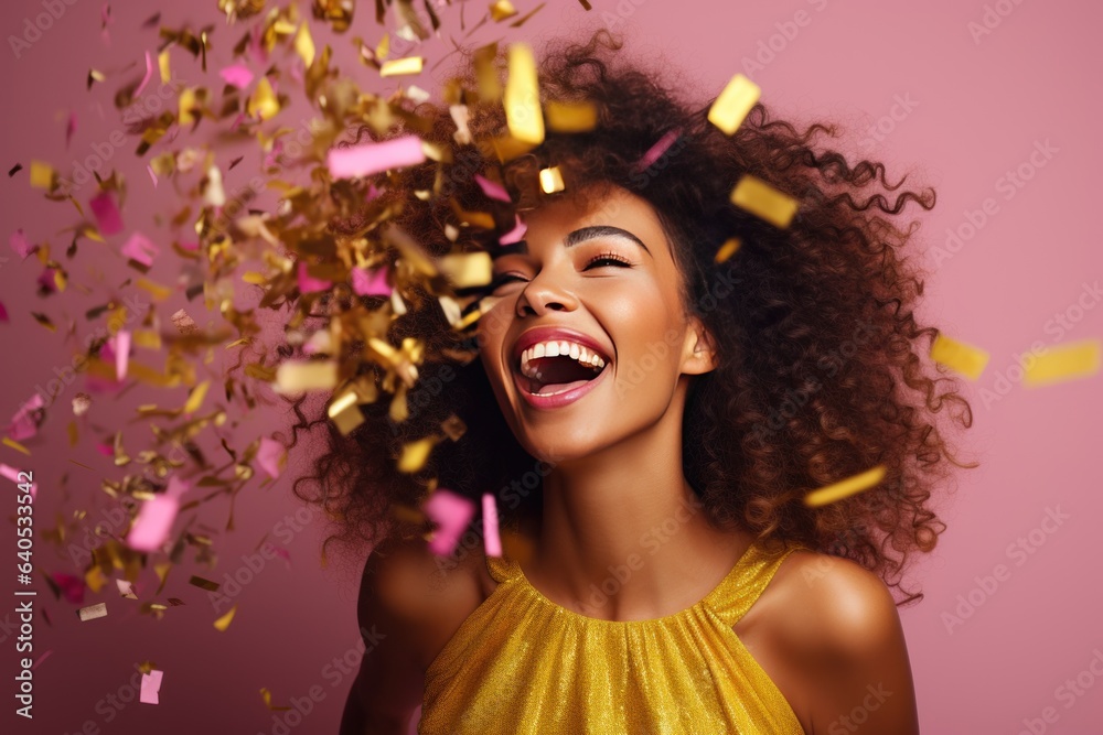 Fun party girl, smiling woman throwing confetti on a pastel pink background. Composition for birthda