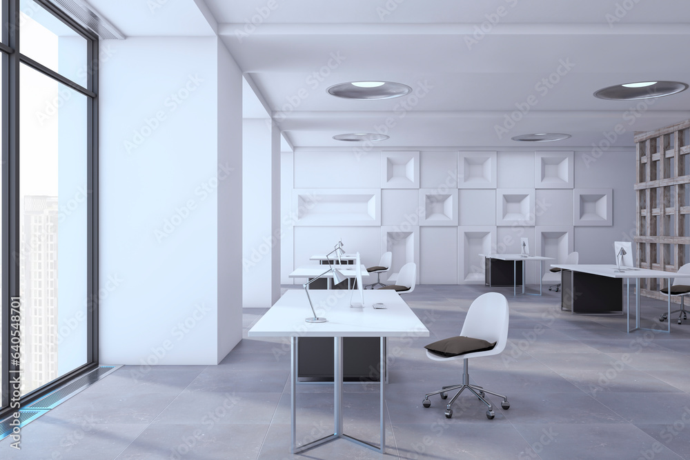 Luxury designer office interior with furniture and equipment. 3D Rendering.