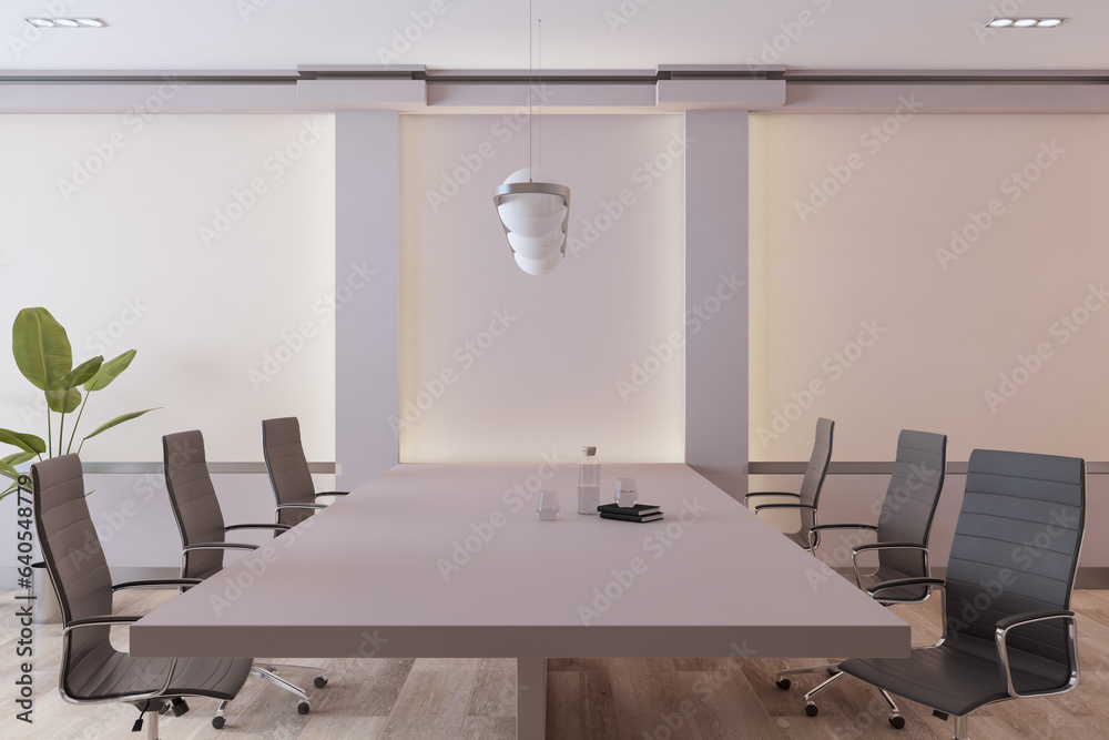 Modern stylish conference room interior with furniture and equipment, wooden flooring and daylight. 