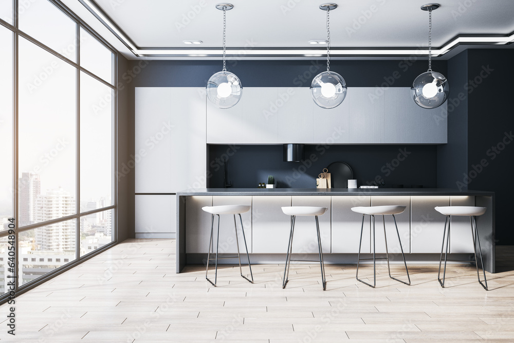 Modern kitchen interior with equipment, window with city view and daylight. 3D Rendering.