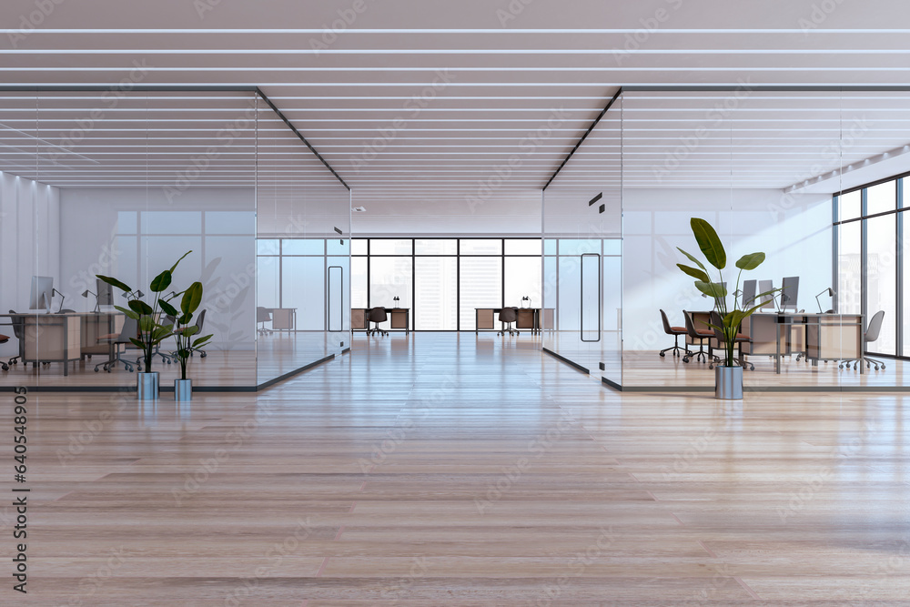 Clean white glass office and meeting room interior with wooden parquet flooring, panoramic windows a