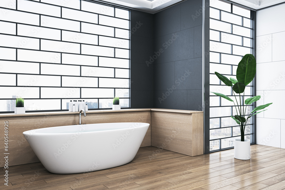 Bright bathroom interior with bathtub, abstract windows and reflections on wooden flooring. 3D Rende