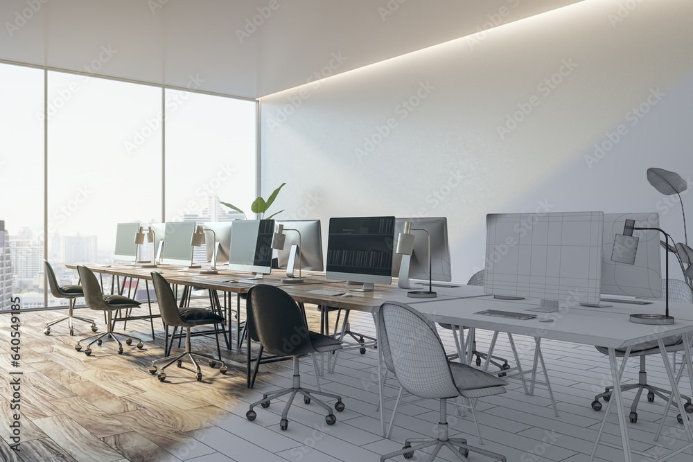 Clean half rendered coworking office interior project with computer monitors, window and city view a