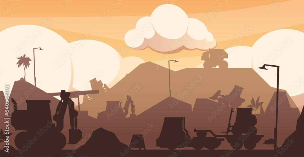 Heavy machinery in mine. Mining quarry with excavator truck, rock pit with drilling equipment, minin