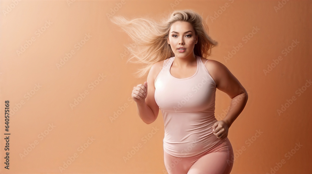 Plus-size woman running on color background. Generative AI