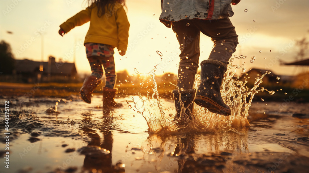 Feet of children in rubber boots jumping over a puddle. Generative AI