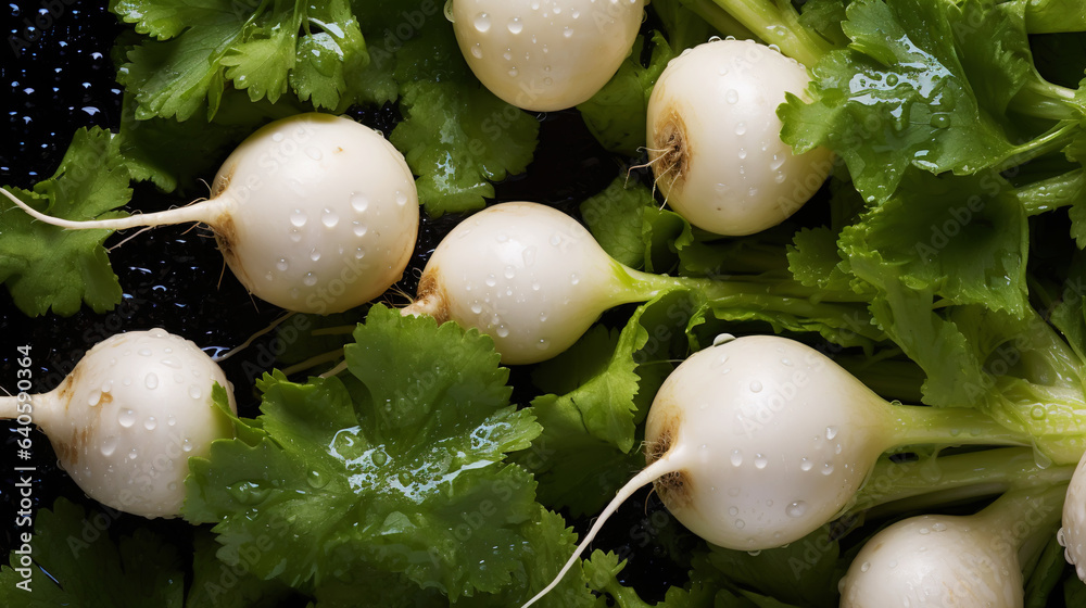 Fresh turnips with water drops background. Vegetables backdrop. Generative AI