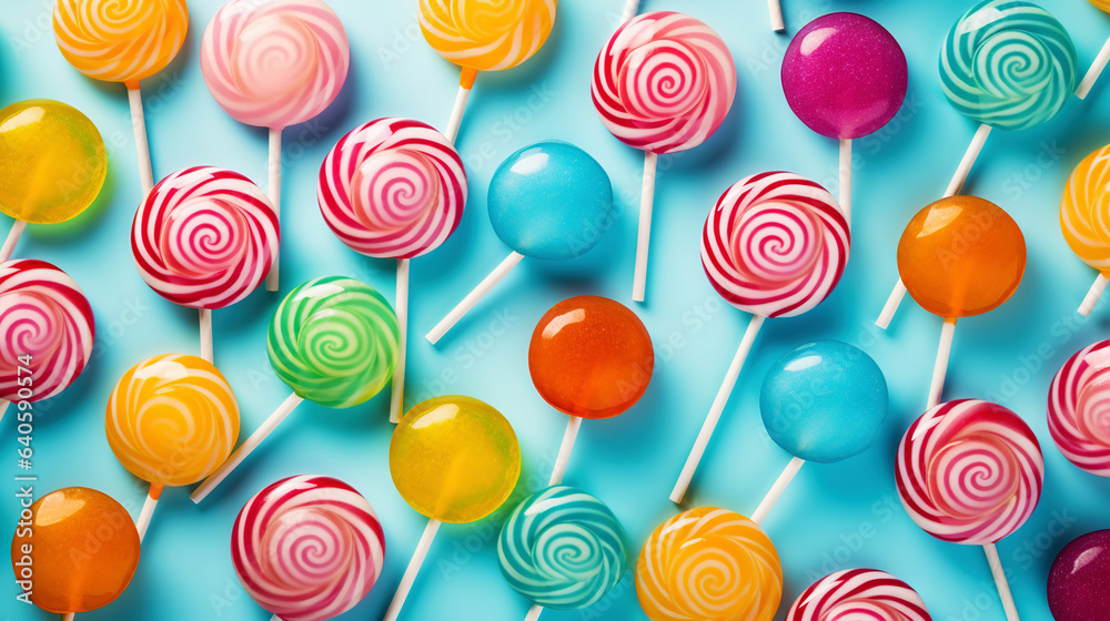 Colorful lollipop candies background. Top view. Generative AI