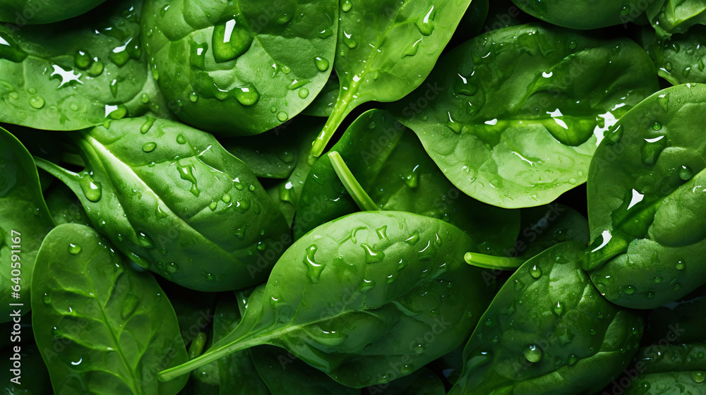 Fresh green spinach leaves with water drops background. Vegetables backdrop. Generative AI