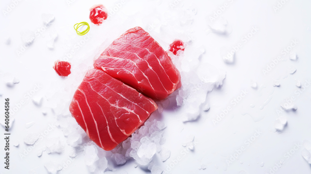 Slices of tuna fish on the ice cubes. Fresh fish fillet. Seafood background. Generative AI