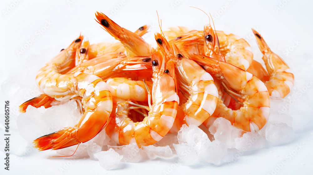 Top view of raw whole king prawns on ice. Seafood background. Generative AI