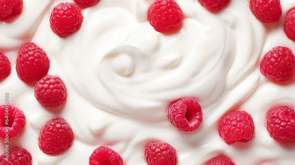 Yogurt and fresh raspberries, background. Top view. Generative AI