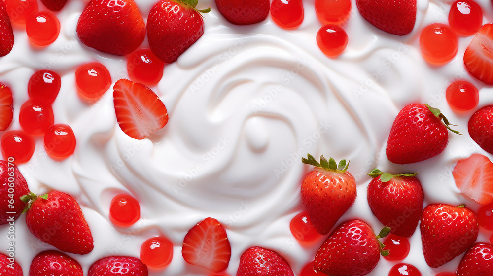 Yogurt and fresh strawberries, background. Top view. Generative AI