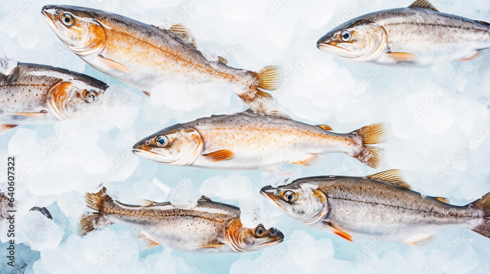 Fresh Horse Mackerel, trachurus on Ice. Seafood background. Generative AI