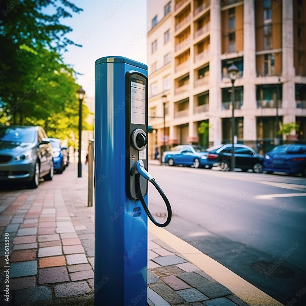 EV public charging station on the street. Created with generative AI technology.