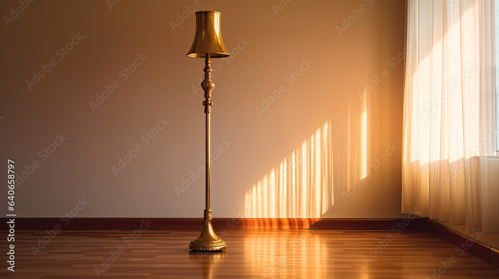 Brass floor lamp in living room. Idea for interior design. Generative Ai