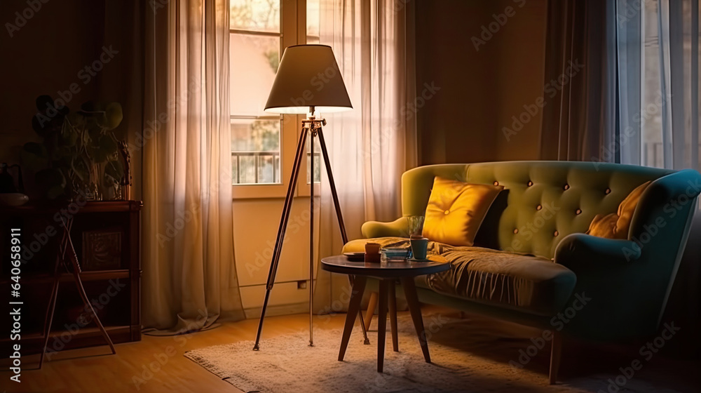 Floor lamp in living room. Idea for interior design. Generative Ai