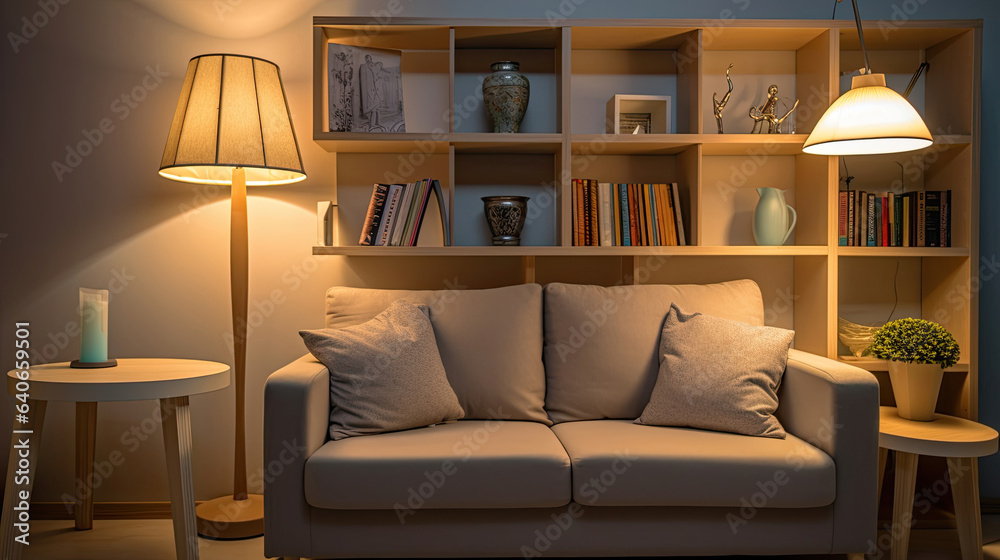 Lamp and bookshelf, living room with couch. Idea for interior design. Generative Ai