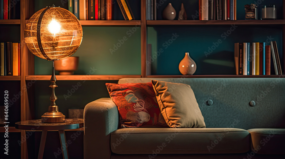 Lamp and bookshelf, living room with couch. Idea for interior design. Generative Ai