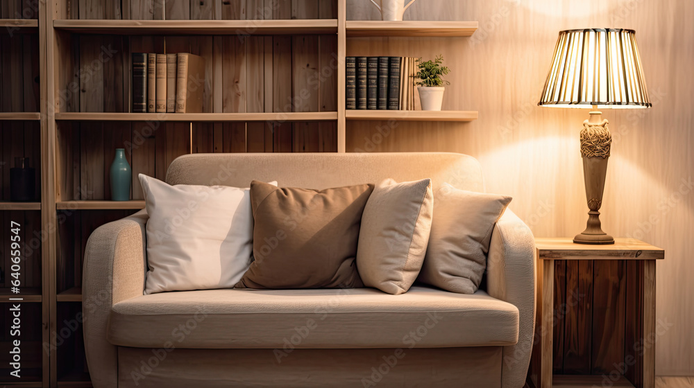 Lamp and bookshelf, living room with couch. Idea for interior design. Generative Ai