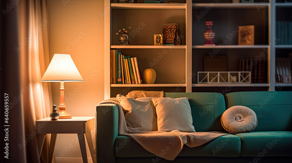 Lamp and bookshelf, living room with couch. Idea for interior design. Generative Ai