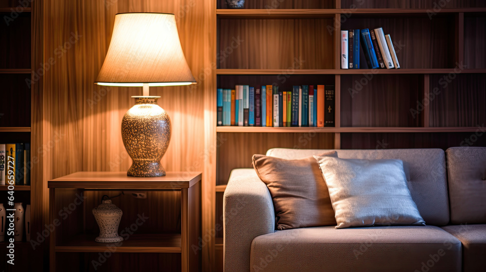 Lamp and bookshelf, living room with couch. Idea for interior design. Generative Ai