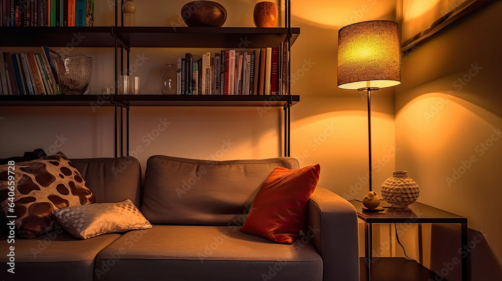 Lamp and bookshelf, living room with couch. Idea for interior design. Generative Ai