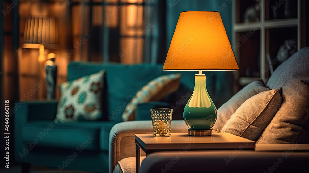 Lamp, Stylish interior of living room at night. Idea for interior design. Generative Ai