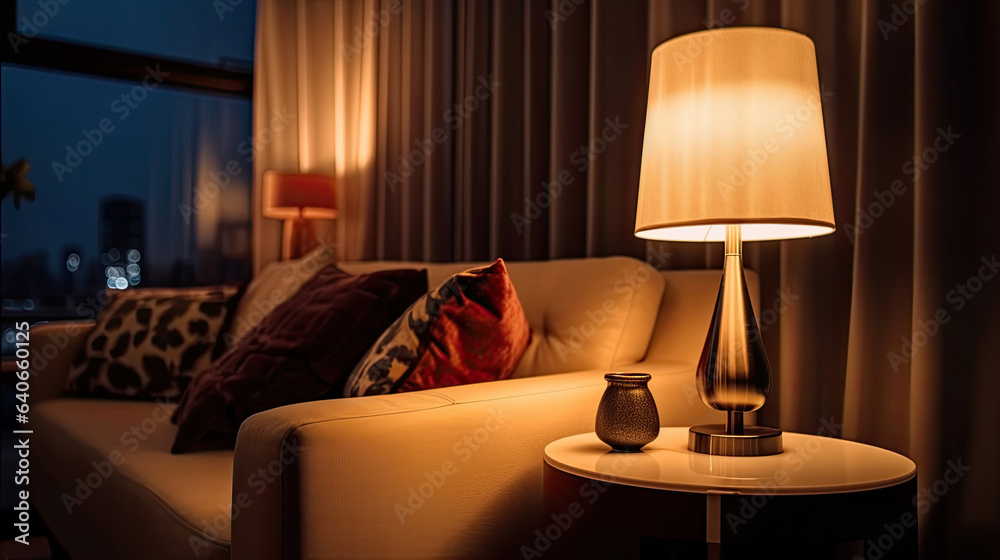 Lamp, Stylish interior of living room at night. Idea for interior design. Generative Ai