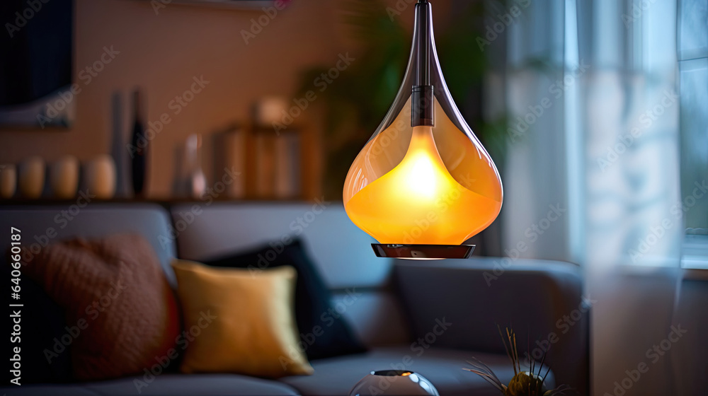 Modern hanging lamp in living room. Idea for interior design. Generative Ai