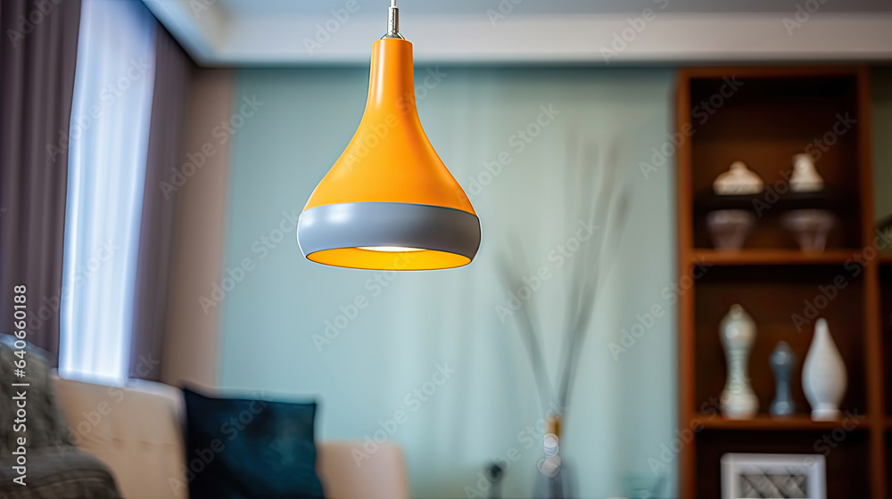 Modern hanging lamp in living room. Idea for interior design. Generative Ai