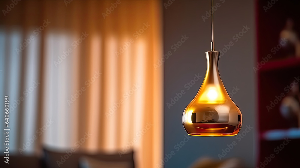 Modern hanging lamp in living room. Idea for interior design. Generative Ai