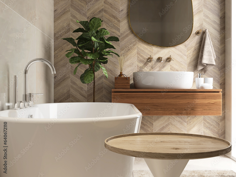 Round wooden side table, bathtub, fiddle leaf fig tree in luxury design bathroom in sunlight on beig