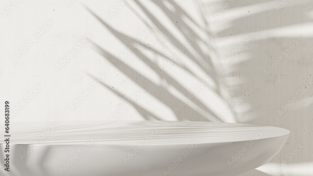 White round glossy pedestal side table podium in sunlight, palm leaf shadow on concrete cement wall.