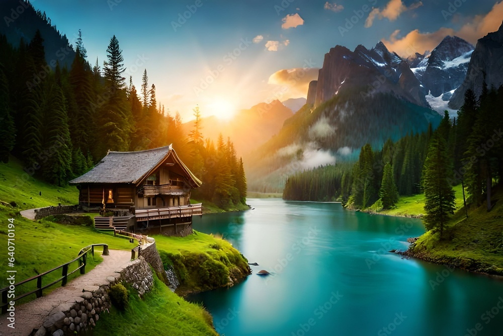 Fireplace with water , The sun rises in the mountains