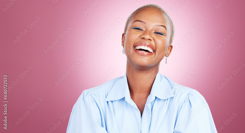 Cosmetic, happy and portrait of black woman in a studio with makeup, glamour and face routine. Laugh