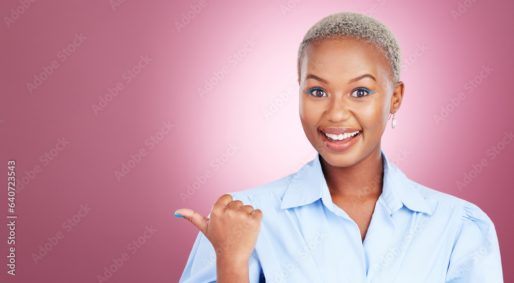 Pointing, portrait and a woman in studio with hand for advertising, marketing or announcement. Happy