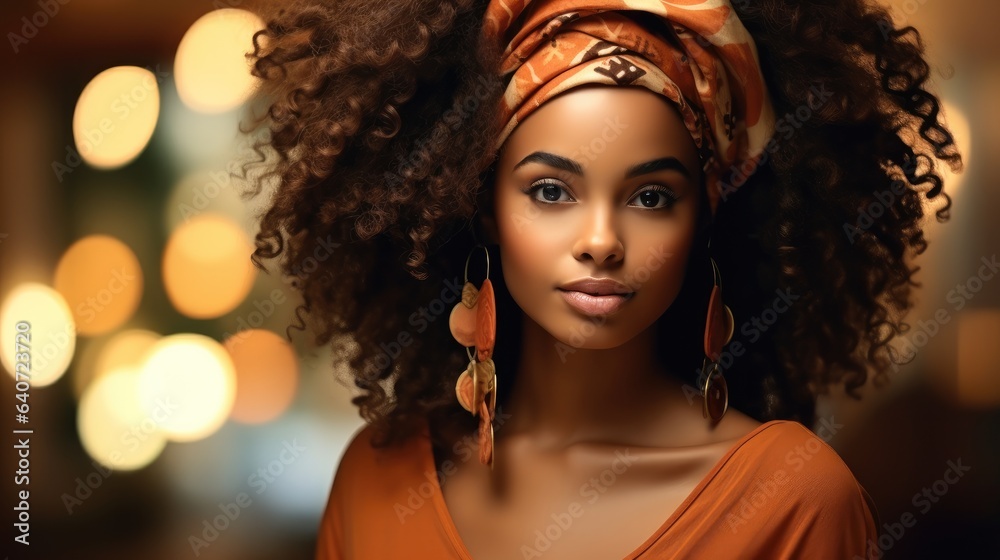 Portrait of beautiful African American woman with brunette curly haired with dark skin and smile.