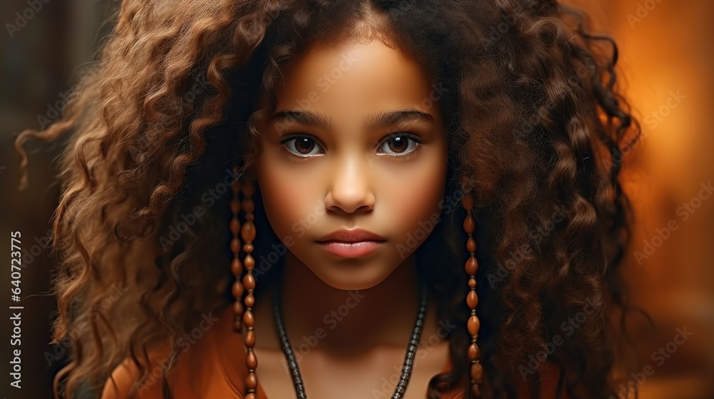 Portrait of African American young girl brunette curly haired with dark skin and smile.