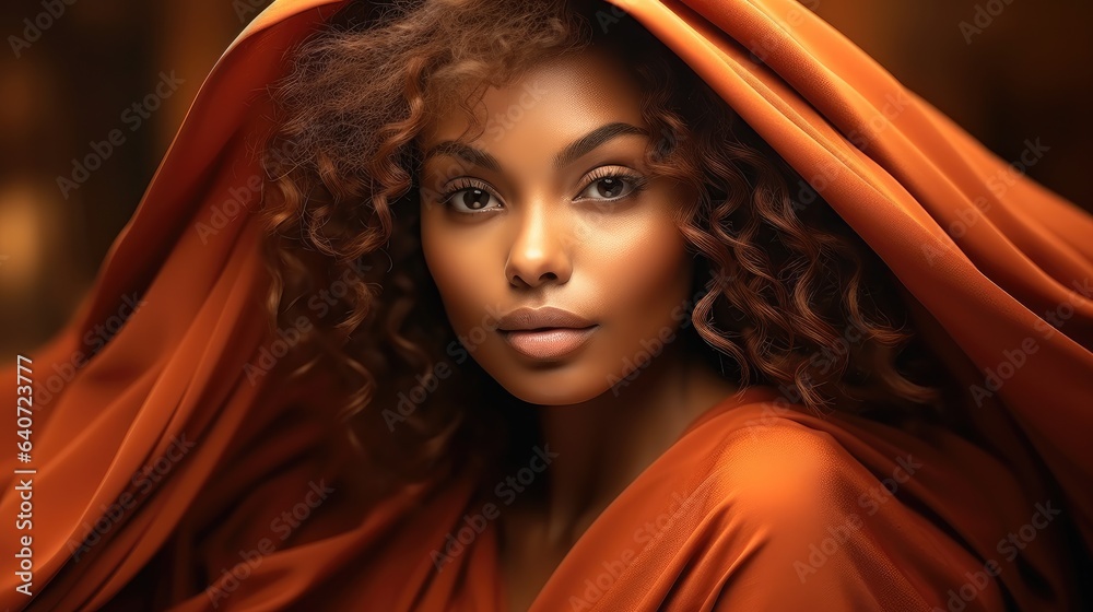 Portrait of beautiful African American woman with brunette curly haired with dark skin and smile.